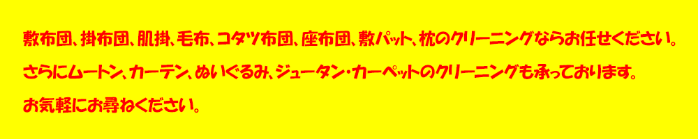 敷布団、掛布団、肌掛、毛布、コタツ布団、座布団、敷パット、枕のクリーニングならお任せください。
                    さらにムートン、カーテン、ぬいぐるみ、ジュータン・カーペットのクリーニングも承っております。
                    お気軽にお尋ねください